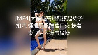 [MP4]大长腿高跟鞋撩起裙子扣穴 揉捏屁股蹲着口交 扶着桌子后入撞击猛操